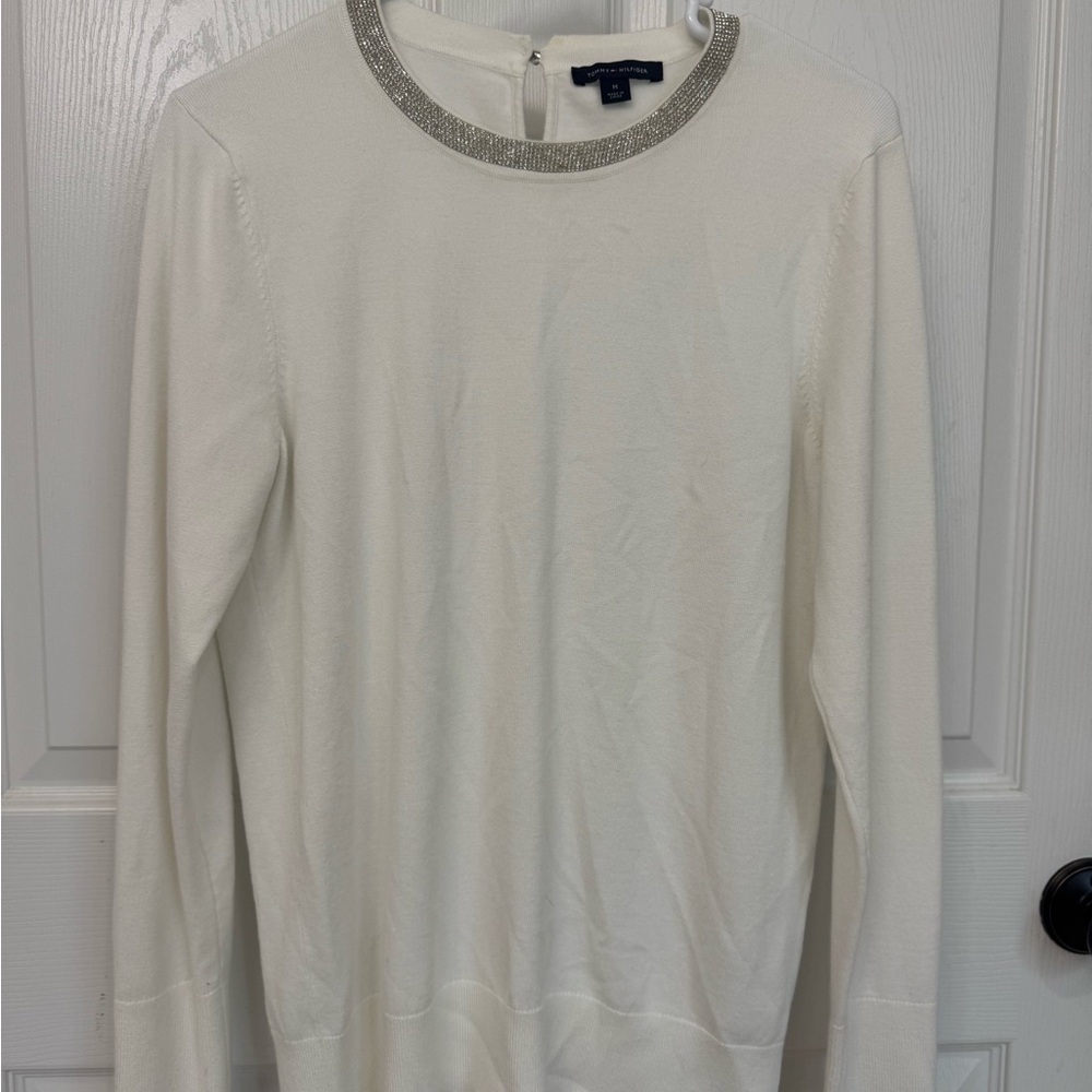 Tommy Hilfiger White sweater with Embellished Neckline